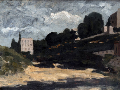 Paul CÉZANNE (1839 – 1906), attribué à Paysage avec habitations, vers 1858-1865. Huile sur papier marouflé sur toile, 25,5 x 35 cm. ©MahN - AP 1636