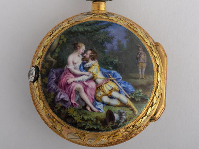 Montre de poche à répétition avec un décor peint à l'émail, Mouvement de Ferdinand Berthoud, Paris, deuxième moitié du 18e. AA 6388