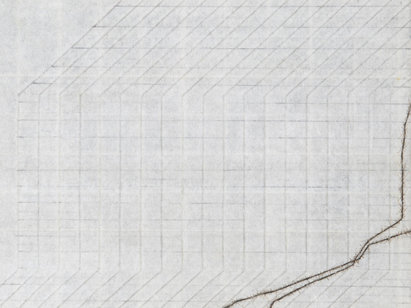 André Evrard (1936), Dessin simultané XIV, 1977, crayon, encre, trame de fils et collage. AP 6529