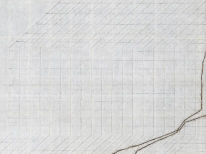 André Evrard (1936), Dessin simultané XIV, 1977, crayon, encre, trame de fils et collage. AP 6529