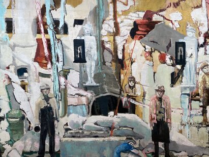 Marc-Antoine Fehr (*1953), La tombe ouverte [War Time], 2008. Huile sur toile 120 x 250 cm (détail). ©MahN - photo: Maciej Czepiel