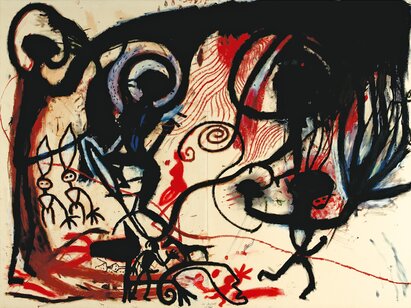 Jean-Michel Jaquet (1950-2022), Sans titre (La danse des hommes), 1990. Craies à l'huile sur papier Vélin d'Arches, 1205 x 1600 mm. ©MahN - AP 6912