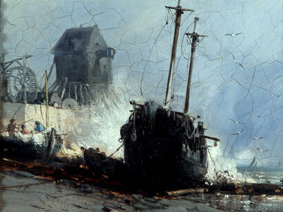 [Translate to Deutsch:] Jules-Achille NOËL (1815-1881), Bord de mer - bateau échoué, sans date. Huile sur bois, 26,5 x 19 cm. ©MahN - AP 1632