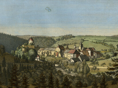 Abraham Louis Girardet, Vue du Bourg de Vallangin prise du côté du nord-est, 1790, gravure aquarellée. H 2009.125