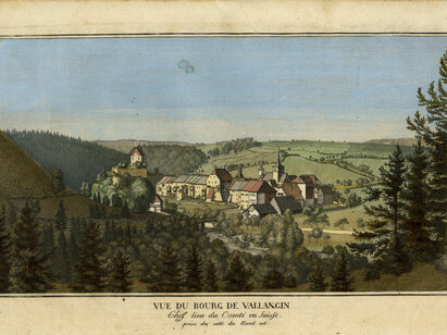 Abraham Louis Girardet, Vue du Bourg de Vallangin prise du côté du nord-est, 1790, gravure aquarellée. H 2009.125