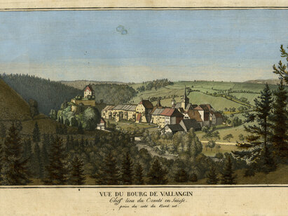 Abraham Louis Girardet, Vue du Bourg de Vallangin prise du côté du nord-est, 1790, gravure aquarellée. H 2009.125