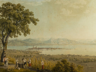 Gabriel-Matthias Lory (1784-1846), Vue de la ville de Lindau, vers 1805, eau-forte aquarellée. AP 31633