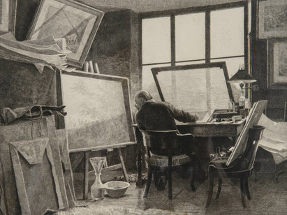Eugène Girardet (1853-1907), L'atelier de mon père à Versailles, 1885, eau-forte. AP 10032