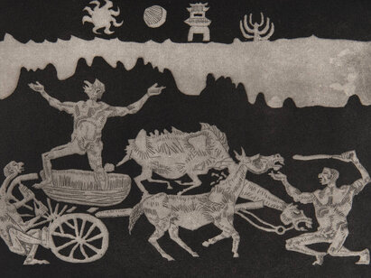 Aimé Montandon (1913-1985), Les chevaux récalcitrants, 1954, eau-forte et aquatinte. AP 30455