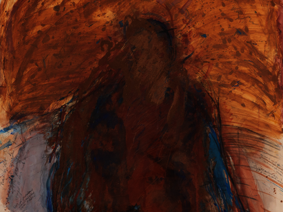 Rolf Iseli, Grosser Erdmann, 1976. Terre, fusain, cendre, gouache sur papier, 153 x 140 cm. ©MahN - photo: Maciej Czepiel