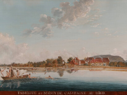 Chambrier, Samuel de, Fabrique et maison de campagne au Bied, fin du 18e siècle, gouache. H 2006-64