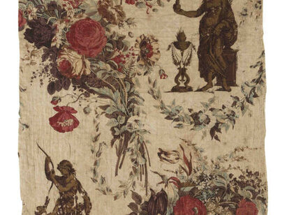 Courtepointe en indienne, manufacture de Vauvilliers, Neuchâtel, vers 1800, impression à la planche de bois et à la plaque de cuivre (?). AA 4417