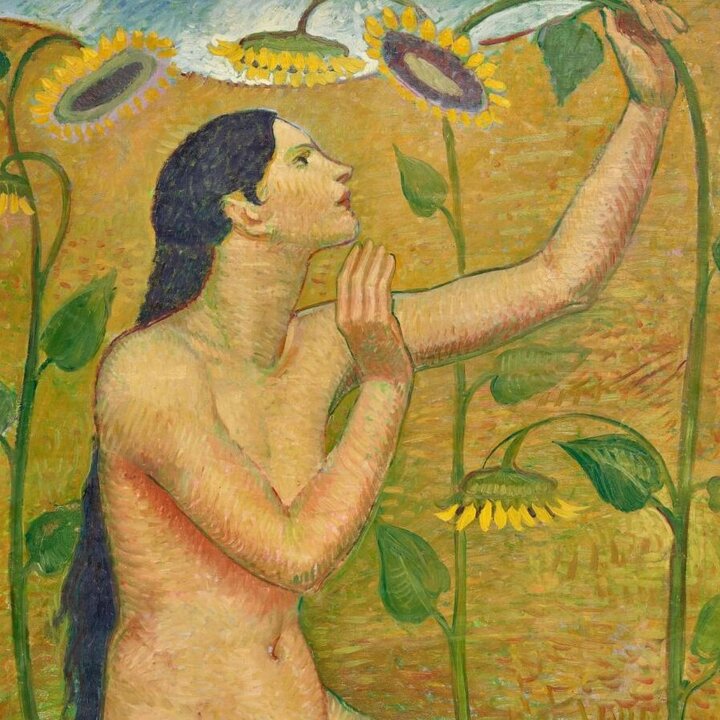 Théophile Robert, Femme aux tournesols, 1909. Huile sur toile, 128,5 x 94 cm. Collection privée