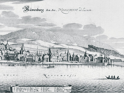 Matthieu Maerian, Nüwenburg Am See. Neocomum ad Lacum, 1642, gravure sur cuivre. H 1117