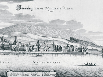 Matthieu Maerian, Nüwenburg Am See. Neocomum ad Lacum, 1642, gravure sur cuivre. H 1117