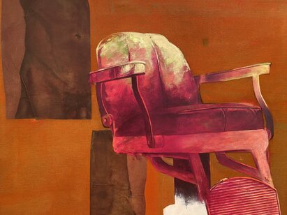 Jean Lecoultre (*1930), Réplique 9, 1992. Huile et collage sur toile 146,5 x 130 cm (détail). ©MahN - photo: Maciej Czepiel