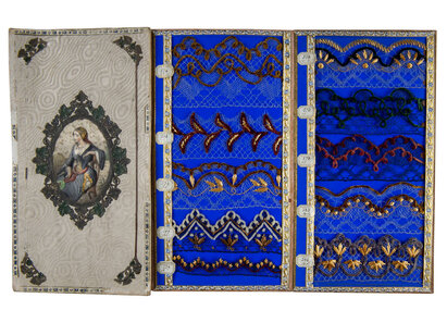 Album de modèles de dentelles neuchâteloises, 19e siècle, cuir, carton, papier, dentelle. AA 6484
