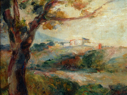 Pierre-Auguste RENOIR (1841-1919) (attribué à), Paysage à l’arbre, sans date. Huile sur toile, 25 x 19,5 cm. ©MahN - AP 1628