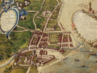 Berthoud, Jean-Jacques, Plan de la ville et faubourg de Neuchâtel, 1769, gouache. H 1151